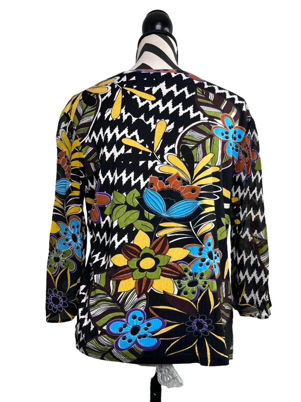 Le Mieux Sz XL Art to Wear Sheer Bell Sleeve Boho Embellished Chevron Top - Picture 2 of 15